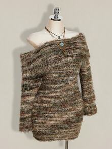 SHEIN ICON Plus Size Knit Dress, Warm Winter Dress, Striped Sweater Asymmetrical Shoulder Dress - Multicolor - View 4