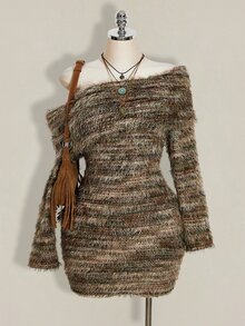 SHEIN ICON Plus Size Knit Dress, Warm Winter Dress, Striped Sweater Asymmetrical Shoulder Dress - Multicolor - View 2