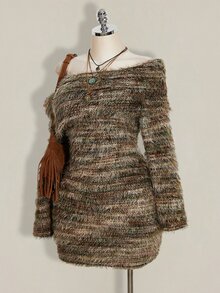 SHEIN ICON Plus Size Knit Dress, Warm Winter Dress, Striped Sweater Asymmetrical Shoulder Dress - Multicolor - View 8