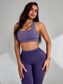 SHEIN Dewbera Seamless High Elasticity Women's Fitness Casual Daily Sports Waist-Cinched Butt-Lifting Set - Purple - View 5