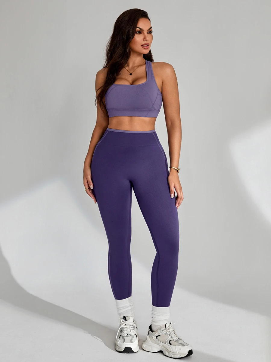 SHEIN Dewbera Seamless High Elasticity Women's Fitness Casual Daily Sports Waist-Cinched Butt-Lifting Set - Purple - View 1
