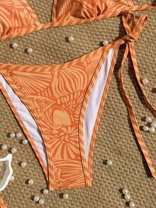 SHEIN Swim 2026春夏露背系带印花两件式比基尼泳衣斑马纹比基尼套装聚拢泳衣女士两件套清爽两件式比基尼套装女士度假装比基尼套装 - 彩色 - 查看 5