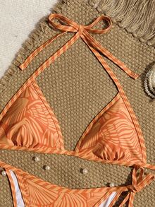 SHEIN Swim 2026春夏露背系带印花两件式比基尼泳衣斑马纹比基尼套装聚拢泳衣女士两件套清爽两件式比基尼套装女士度假装比基尼套装 - 彩色 - 查看 4