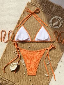 SHEIN Swim 2026春夏露背系带印花两件式比基尼泳衣斑马纹比基尼套装聚拢泳衣女士两件套清爽两件式比基尼套装女士度假装比基尼套装 - 彩色 - 查看 6