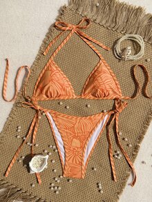 SHEIN Swim 2026春夏露背系带印花两件式比基尼泳衣斑马纹比基尼套装聚拢泳衣女士两件套清爽两件式比基尼套装女士度假装比基尼套装 - 彩色 - 查看 2