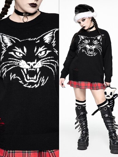 Dark Gothic Vintage Cat Versatile Casual Loose Distressed Design Plus Size Pullover Sweater For Women Fall Winter