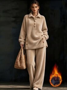 Omancia Women's Autumn/Winter New Casual 2 Pieces Set, Button Half-Placket Long Sleeve Fleece Top And Pants - Apricot - View 1