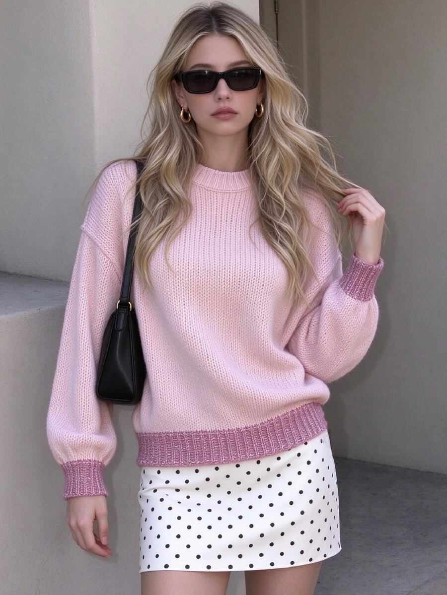 TaskSense Women's Casual Dusty Mauve Long Sleeve Crew Neck Pullover Sweater Fall Everyday Date Valentine's Day Autumn - Pink - View 1