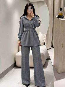 Seusyu Women Spring Fall Heather Grey Hooded Zip Up Fitted Waist Peplum Top Wide Leg Pants Two Pieces Set Casual Outfit For Home Daily - Grey - View 4