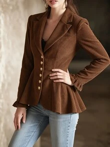 SHEIN Women's Regular Long Sleeve Blazer, Lapel Collar, Corduroy Ribbed Fabric, Ruffle Hem, Lining, Ruffle Cuff, Elegant Retro, Office, Thanksgiving Brown - Coffee Brown - View 7