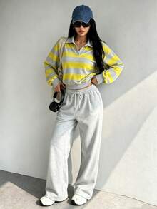 Dewbera Dewbera Yellow Striped Knit Polo Collar Casual Loose 2 Pieces Set - Grey - View 3