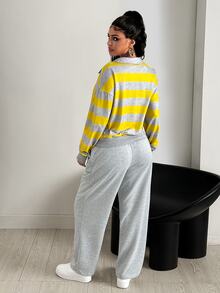 Dewbera Dewbera Yellow Striped Knit Polo Collar Casual Loose 2 Pieces Set - Grey - View 2