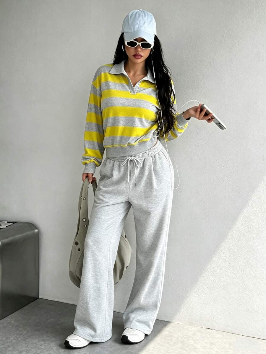 Dewbera Dewbera Yellow Striped Knit Polo Collar Casual Loose 2 Pieces Set - Grey - View 1