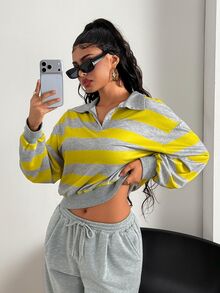 Dewbera Dewbera Yellow Striped Knit Polo Collar Casual Loose 2 Pieces Set - Grey - View 5