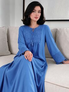 Mulvari Women's Spring/Autumn Tie-Neck Embroidered Patchwork Textured Fabric Blue Dress Vacation Going Out Casual - Blue - View 2