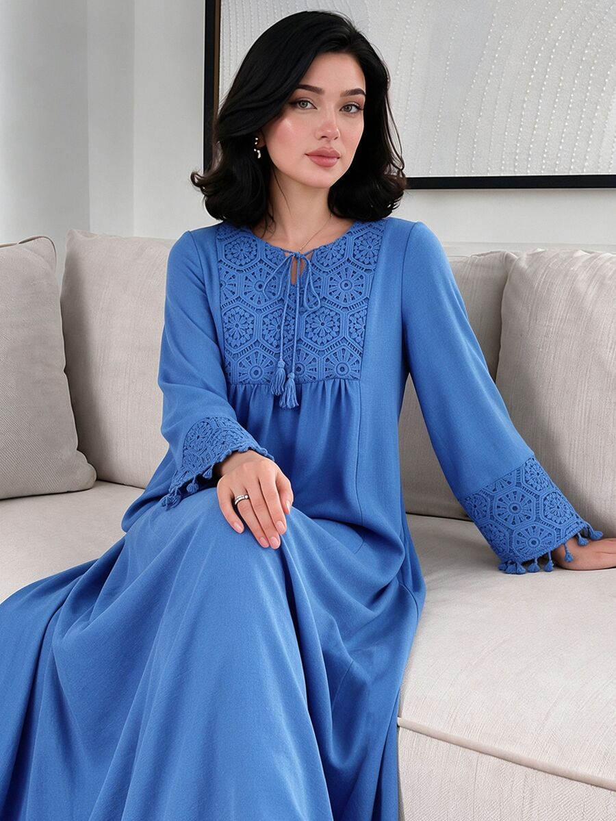 Mulvari Women's Spring/Autumn Tie-Neck Embroidered Patchwork Textured Fabric Blue Dress Vacation Going Out Casual
