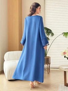 Mulvari Women's Spring/Autumn Tie-Neck Embroidered Patchwork Textured Fabric Blue Dress Vacation Going Out Casual - Blue - View 7