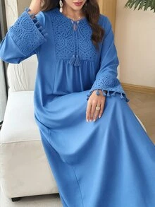 Mulvari Women's Spring/Autumn Tie-Neck Embroidered Patchwork Textured Fabric Blue Dress Vacation Going Out Casual - Blue - View 9