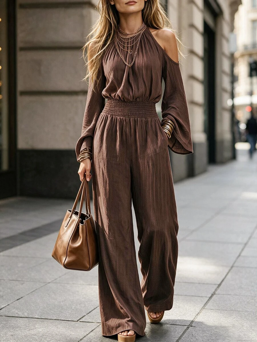 SHEIN LUNE Women's Solid Color Ruched Cold Shoulder Casual Boho Elegant Daily Wear Jumpsuit Fall/Winter Vacation Coffee Brown