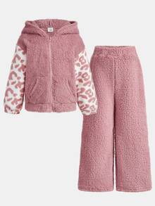 SHEIN Young Girl Hooded Fleece Kids Jacket And Pants 2pcs Set, Cute Autumn/Winter Leopard Print Colorblock Fuzzy Outfit,Christmas - Pink - View 6