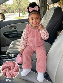 SHEIN Young Girl Hooded Fleece Kids Jacket And Pants 2pcs Set, Cute Autumn/Winter Leopard Print Colorblock Fuzzy Outfit,Christmas - Pink - View 7