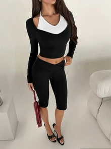 SHEIN Unity 2 Pieces Long Sleeve Top And 3/4 Length Pants Sports Set - Black and White - View 5