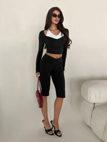 SHEIN Unity 2 Pieces Long Sleeve Top And 3/4 Length Pants Sports Set - Black and White - View 7