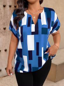 SHEIN LUNE CURVE Plus Size Women Casual Geometric Print Short Sleeve Lapel Collar Shirt Blouse - Blue - View 1