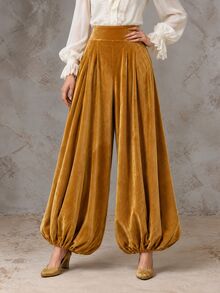 Solivie Women's Autumn Yellow Pocket Pleated Velvet Lantern Pants - Yellow - View 7