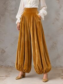 Solivie Women's Autumn Yellow Pocket Pleated Velvet Lantern Pants - Yellow - View 5