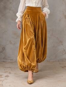 Solivie Women's Autumn Yellow Pocket Pleated Velvet Lantern Pants - Yellow - View 4