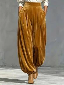 Solivie Women's Autumn Yellow Pocket Pleated Velvet Lantern Pants - Yellow - View 8