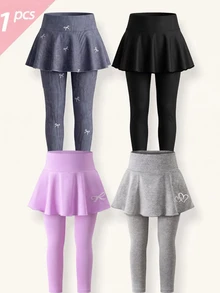 2pcs/Set Girls Long Skort Pants Black & Grey Faux Denim Effect Bowknot Simple Casual Comfortable Cute Sweet Versatile All-Season Wear - Multicolor - View 5