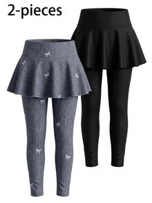 2pcs/Set Girls Long Skort Pants Black & Grey Faux Denim Effect Bowknot Simple Casual Comfortable Cute Sweet Versatile All-Season Wear - Multicolor - View 3