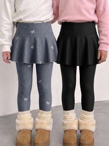 2pcs/Set Girls Long Skort Pants Black & Grey Faux Denim Effect Bowknot Simple Casual Comfortable Cute Sweet Versatile All-Season Wear - Multicolor - View 1