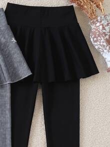2pcs/Set Girls Long Skort Pants Black & Grey Faux Denim Effect Bowknot Simple Casual Comfortable Cute Sweet Versatile All-Season Wear - Multicolor - View 7