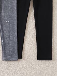 2pcs/Set Girls Long Skort Pants Black & Grey Faux Denim Effect Bowknot Simple Casual Comfortable Cute Sweet Versatile All-Season Wear - Multicolor - View 6