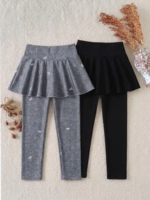 2pcs/Set Girls Long Skort Pants Black & Grey Faux Denim Effect Bowknot Simple Casual Comfortable Cute Sweet Versatile All-Season Wear - Multicolor - View 2