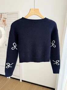 SHEIN Tween Girl Royal Blue Autumn/Winter Thick Knit Sweater With Bow Jacquard Round Neck Pullover Dropped Shoulder Long Sleeve, Suitable For Wearing Alone In Autumn And Layering With Coats/Padded Jackets In Winter, Soft And Comfortable Fabric - Navy Blue - View 2