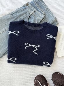 SHEIN Tween Girl Royal Blue Autumn/Winter Thick Knit Sweater With Bow Jacquard Round Neck Pullover Dropped Shoulder Long Sleeve, Suitable For Wearing Alone In Autumn And Layering With Coats/Padded Jackets In Winter, Soft And Comfortable Fabric - Navy Blue - View 3