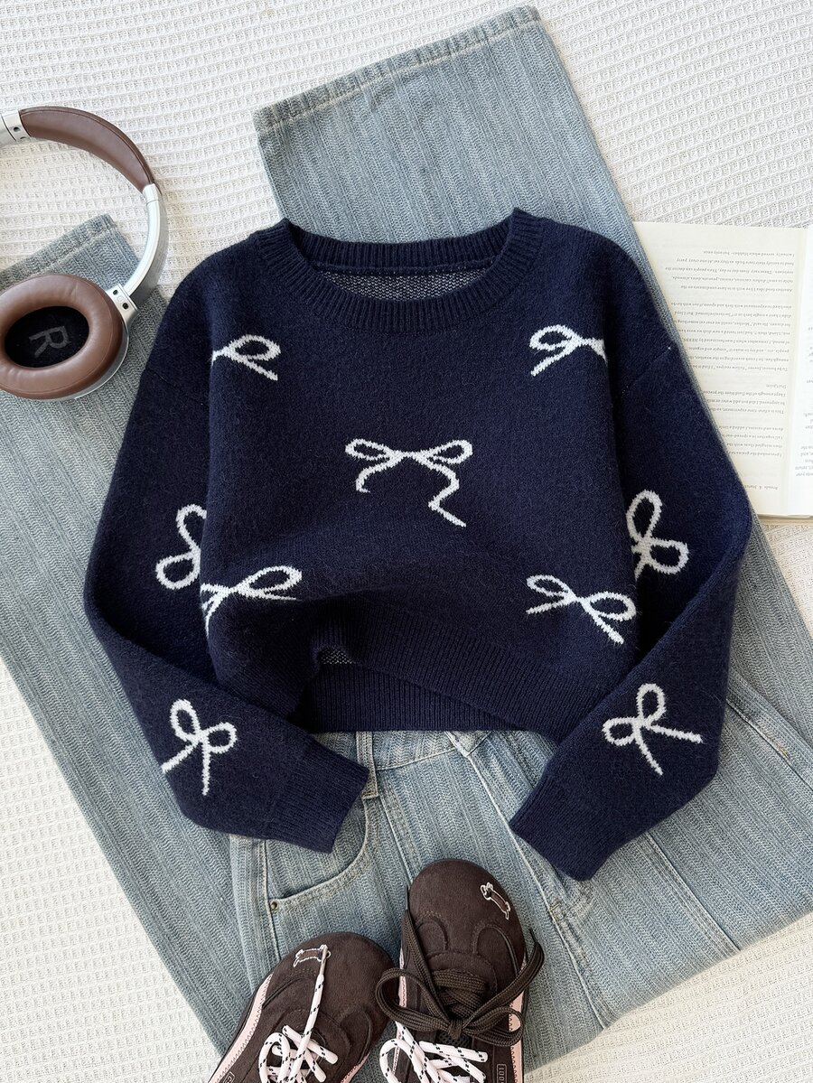 SHEIN Tween Girl Royal Blue Autumn/Winter Thick Knit Sweater With Bow Jacquard Round Neck Pullover Dropped Shoulder Long Sleeve, Suitable For Wearing Alone In Autumn And Layering With Coats/Padded Jackets In Winter, Soft And Comfortable Fabric - Navy Blue - View 1