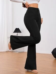 SHEIN Tall 女款純色高腰喇叭褲腿優雅休閒時尚牛仔褲，黑色牛仔褲，秋季日常與夜生活穿搭 - 黑色 - 查看 7