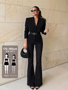 SHEIN Tall 女款純色高腰喇叭褲腿優雅休閒時尚牛仔褲，黑色牛仔褲，秋季日常與夜生活穿搭 - 黑色 - 查看 10