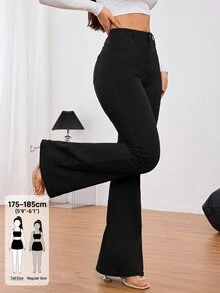 SHEIN Tall 女款純色高腰喇叭褲腿優雅休閒時尚牛仔褲，黑色牛仔褲，秋季日常與夜生活穿搭 - 黑色 - 查看 8