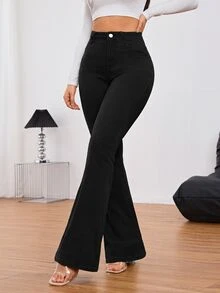 SHEIN Tall 女款純色高腰喇叭褲腿優雅休閒時尚牛仔褲，黑色牛仔褲，秋季日常與夜生活穿搭 - 黑色 - 查看 5