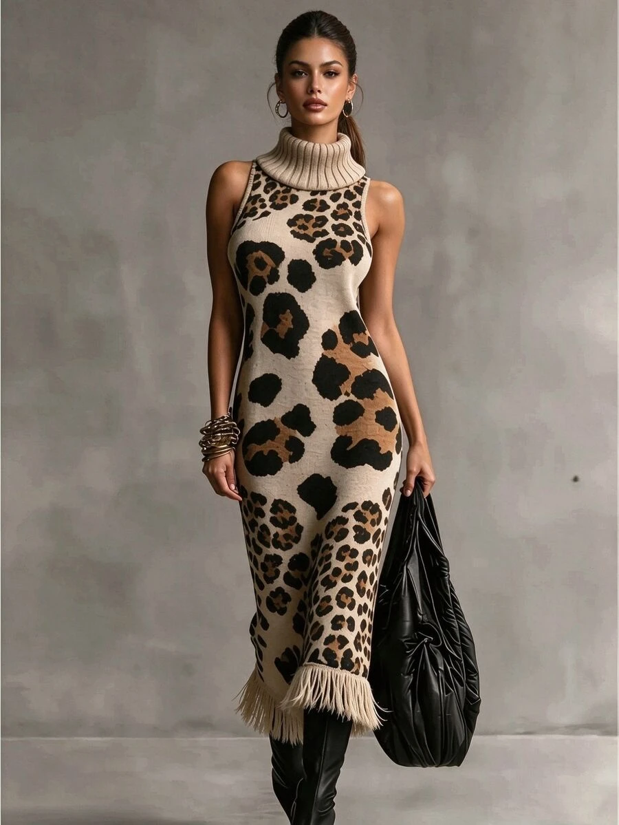 SHEIN Vintage Leopard Print High Neck Sleeveless Knit Dress With Tassel Hem, Fitted Bodycon Long Dress
