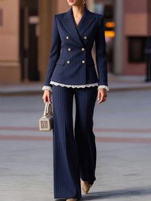 Xyvia Vintage Striped Suit Set Women's Navy Blue Double-Breasted Waist-Cinching Blazer And Flared Pants Two Pieces Set Elegant Commute Formal Wear - Navy Blue - View 7