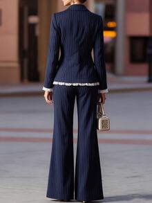 Xyvia Vintage Striped Suit Set Women's Navy Blue Double-Breasted Waist-Cinching Blazer And Flared Pants Two Pieces Set Elegant Commute Formal Wear - Navy Blue - View 2