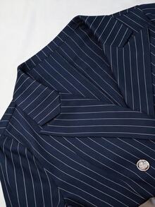 Xyvia Vintage Striped Suit Set Women's Navy Blue Double-Breasted Waist-Cinching Blazer And Flared Pants Two Pieces Set Elegant Commute Formal Wear - Navy Blue - View 4