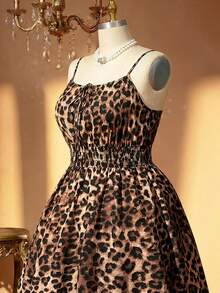Rometta Plus Size Women Leopard Print Front Tie Casual Strap Midi Dress For Summer - Multicolor - View 5